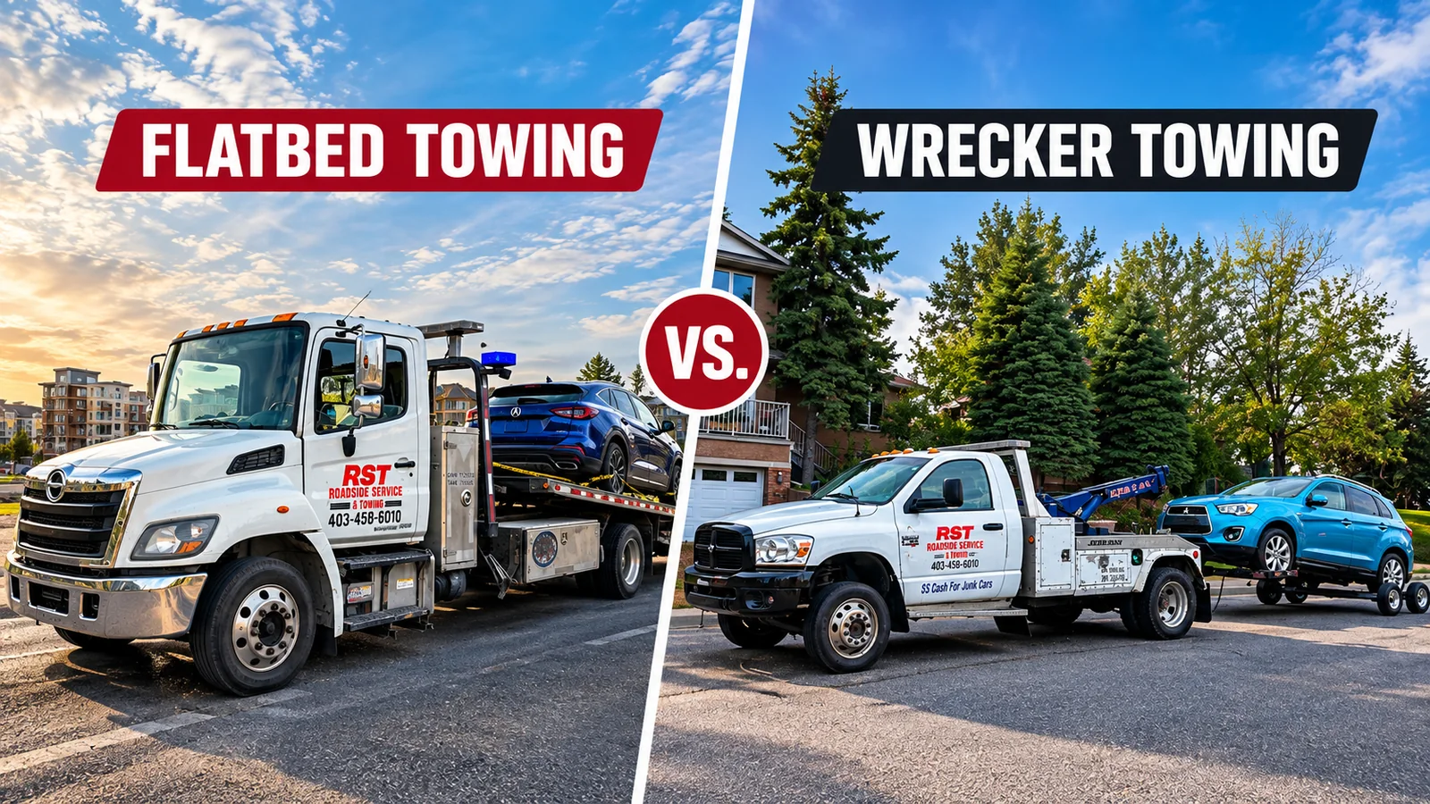RST flatbed and wrecker tow trucks illustrating how different towing methods are chosen in Calgary