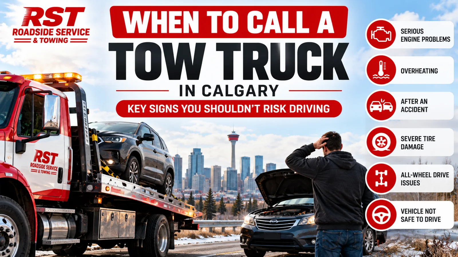 RST tow truck and stranded vehicle illustrating situations when a Calgary driver may need to call for towing
